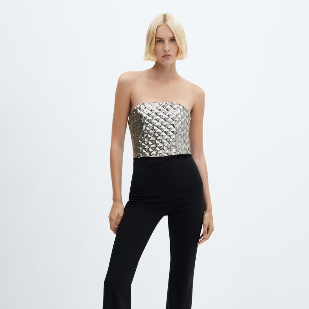 Mango Silver and Black Strapless Jumpsuit NWT